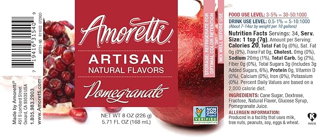 Amoretti - Natural Pomegranate Artisan Flavor Paste, 8 oz, Perfect For Ice Cream, Beverages, Cakes, and more, Preservative Free, Vegan, Gluten Free, No Artificial Sweeteners, Highly Concentrated