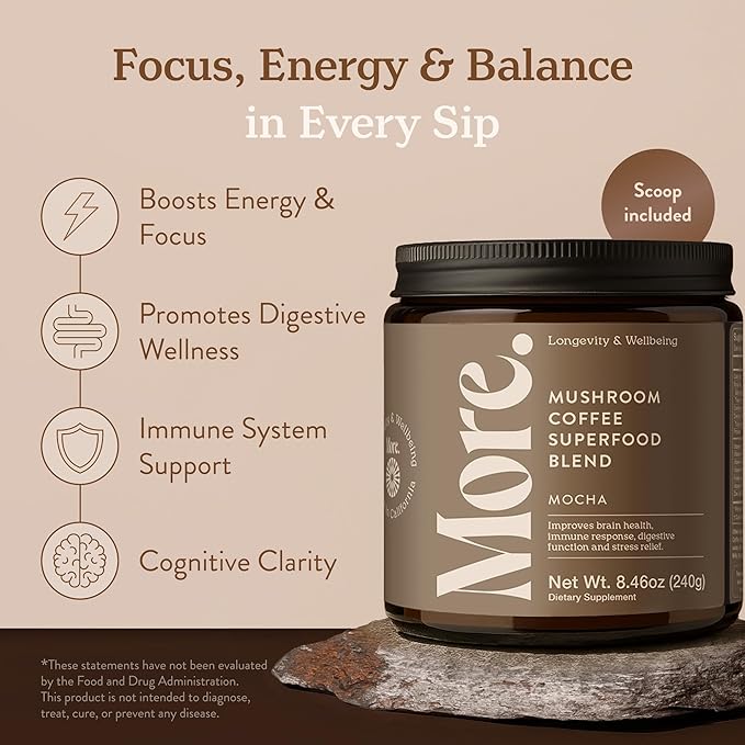 More. Longevity & Wellbeing Premium Mushroom Coffee Superfood – 7 Functional Mushrooms with Lions Mane Supplement, Reishi, Chaga & Ashwagandha Extract, Instant Coffee Alternative with Prebiotics and Essential Vitamins for Focus & Energy, Mocha