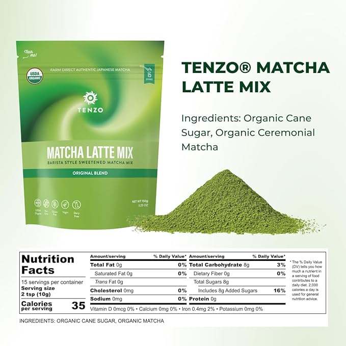 Tenzo Matcha Green Tea Powder, Organic Cafe Sweetened Matcha Latte Green Tea Powder, Ceremonial Barista Crafted Mix - Authentically Japanese - Matcha Latte Mix (5.29 Ounce)