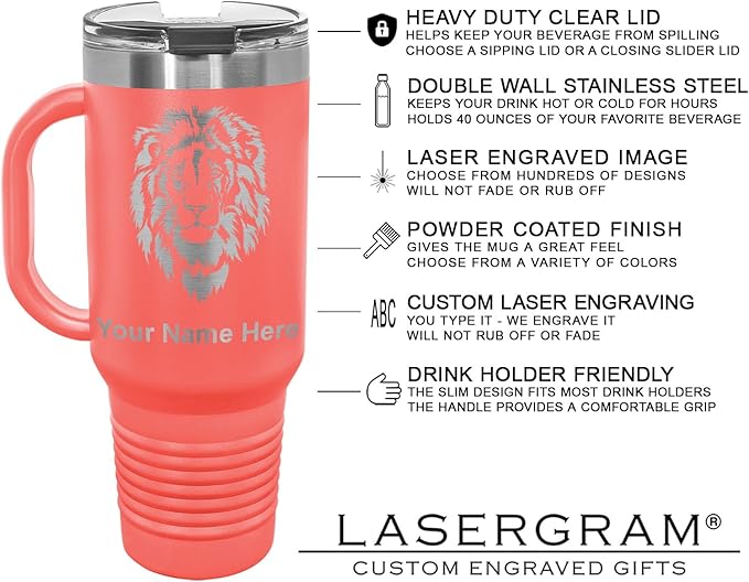 LaserGram 40oz Vacuum Insulated Travel Mug with Handle, Sushi, Personalized Engraving Included (Coral)