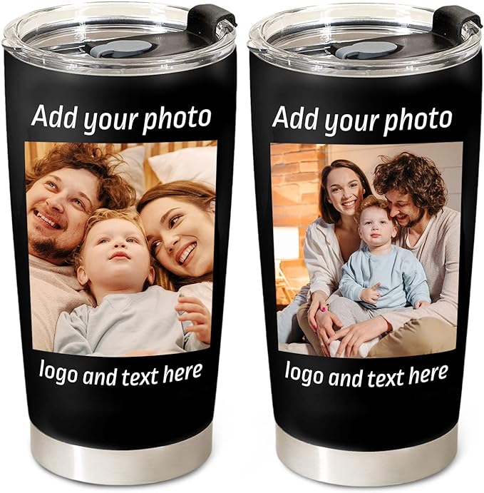 Personalized Coffee Tumbler with Pictures Text Logo Name, 20oz Stainless Steel Tumbler with Lid and Straw, Coffee Travel Cups, Personalized Christmas Birthday Gifts for Women Men Office
