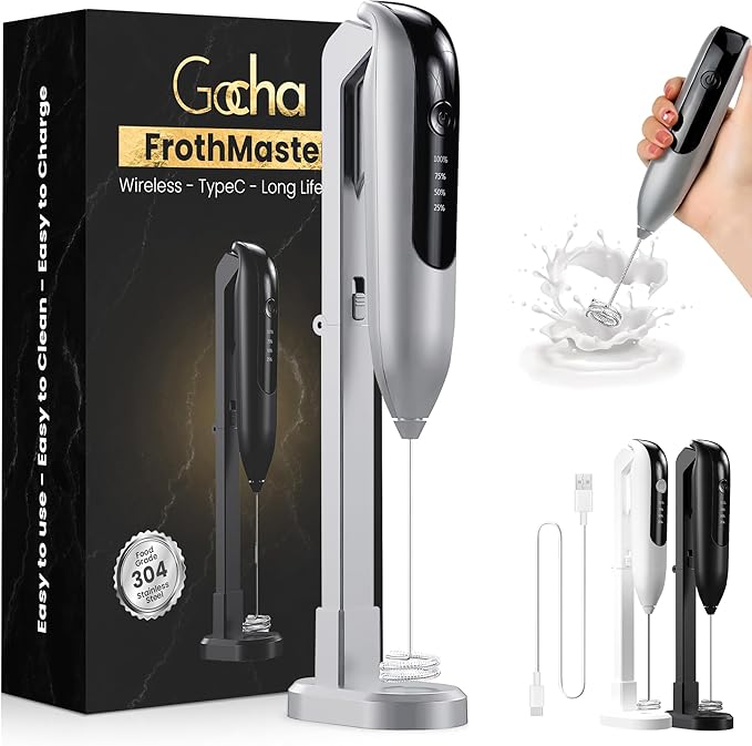 GOCHA | Electric Milk Frother Handheld - Rechargeable Coffee Frother with USB-C & 2 Speeds - Powerful RPM Latte Foam Maker for Cappuccino, Matcha, Hot Chocolate - Includes Stand & Whisk (Silver)