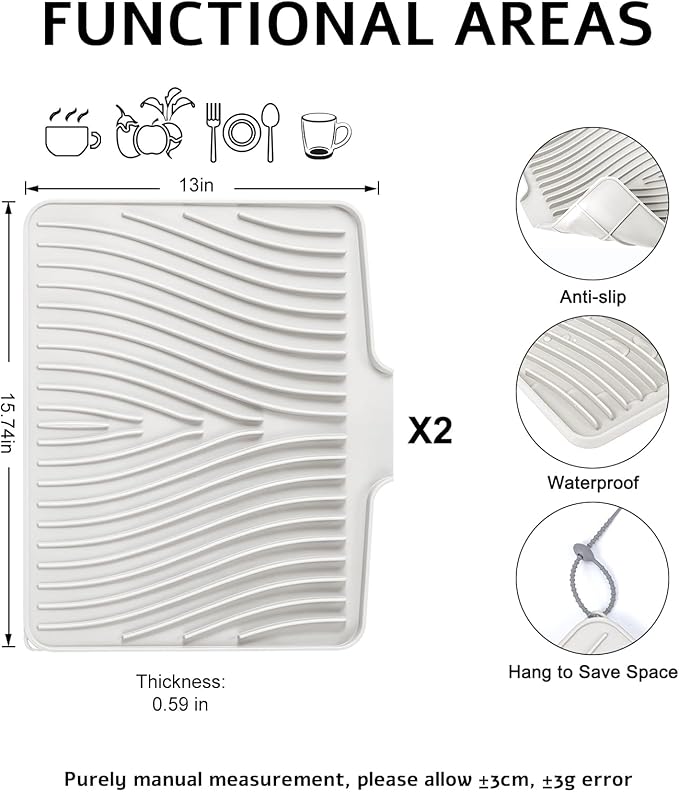 Dish Drying Mat, Stone Drying Mat for Kitchen Counter with Built-in Drain, Non-Slip Drying Matt Kitchen Counter, Heat Resistant Silicone Drying Mat, Dish Drying Pad, 2 Pcs(15.8"X 13", Cream)
