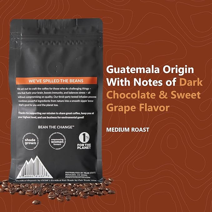 Peak State Coffee with Benefits, 3 Bag Variety Pack – Mushroom Coffee, Low Acid & Smooth, Immunity Boost, Brain Sustain & Stress Less, Organic Whole Bean, Gluten Free, 12 oz. Each