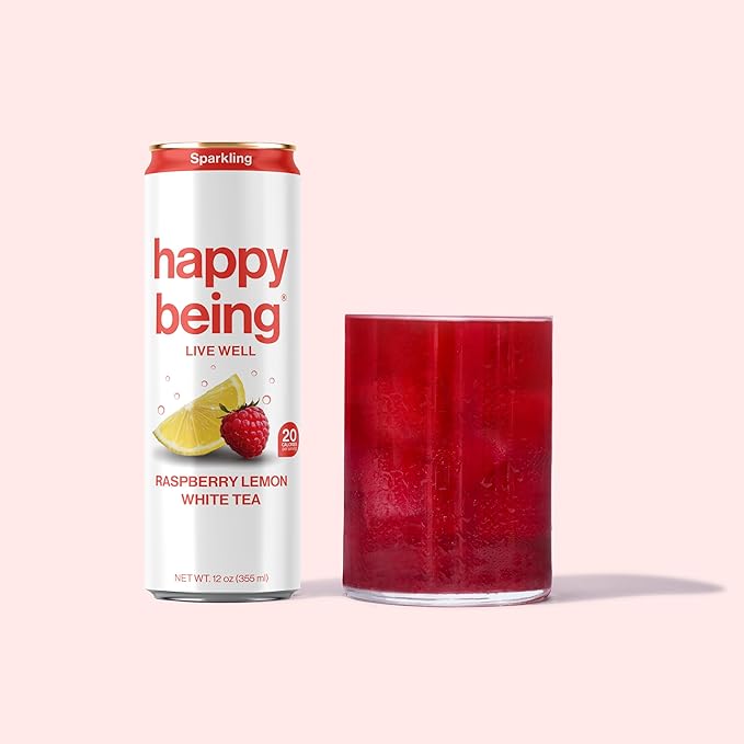 Happy Being Sparkling Nutrient-Rich Raspberry Lemonade White Tea – Infused with Turmeric, Elderberry, Vitamin D3, Caffeine Free, Plant-Based, Low Calorie & Low Sugar Drinks, 12oz (16 Pack)