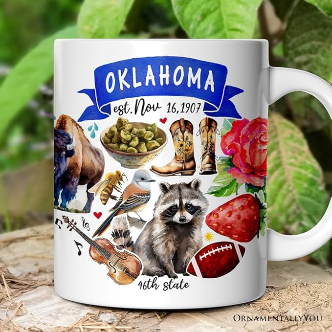 OrnamentallyYou State Travel Landmark Mugs – 12 oz Ceramic Coffee Cups, U.S. Souvenir Gift for Tourists (Artistic Oklahoma State Themes and Landmarks Mug)
