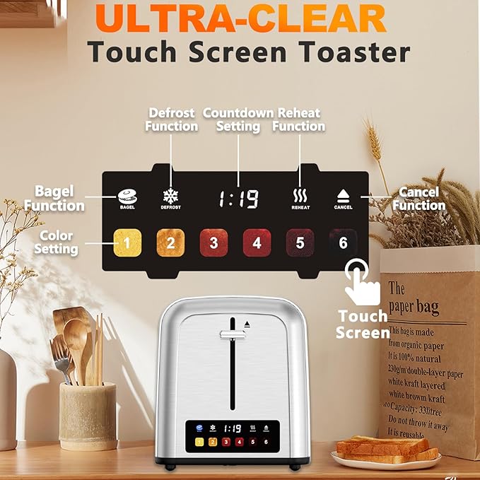 Toaster 2 Slice Retro Stainless Steel,Best Prime 2 Slice Toaster Wide Solt with 6 Shade Settings, Perfect for Waffles, Bagels and More Touch Screen Lainsten 238TC