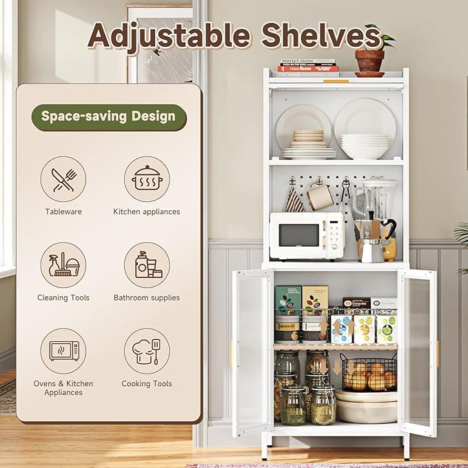 Letaya Metal Kitchen Pantry Cabinet,72.6" Tall Kitchen Bakers Rack with Storage, Coffee Hutch with countertop,Metal Microwave Stand with Glass Doors for Dining Room, Laundry, Hallway,White