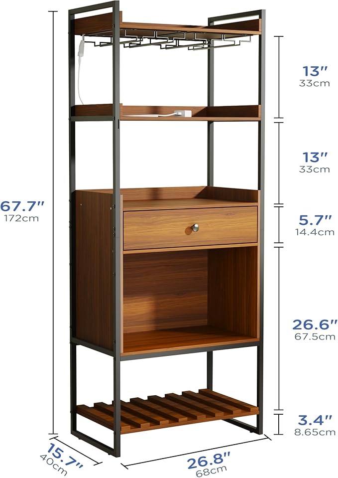 Wine Bar Cabinet with LED Lights, Industrial 67" Tall Coffee Bar with Glass Rack, Liquor Cabinet Wine Rack Storage Metal Wood Sideboard Buffet for Home Dining Living Room, Brown