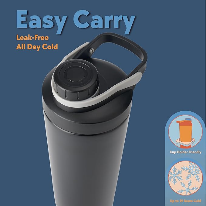 Paradise Shaker Bottle, 24 oz Insulated Stainless Steel Protein Shaker with Lid Brush & Protective Boot, Leakproof Twist-Off Cap, Onyx Silver with Mirror-Finish Bottom, Hollywood Noir