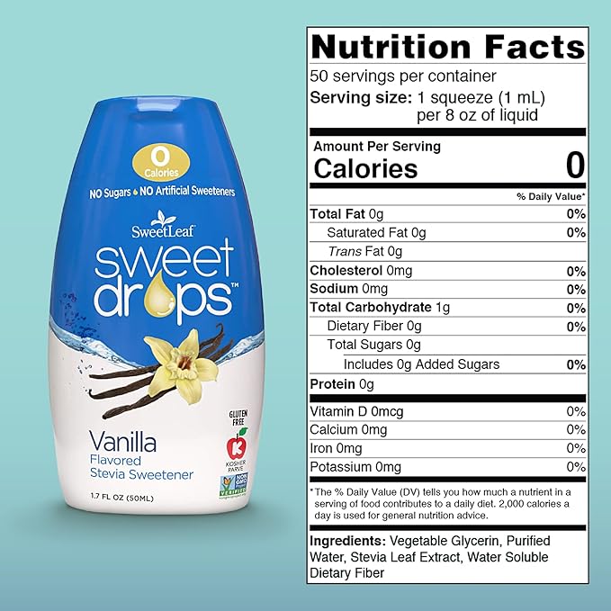 SweetLeaf Sweet Drops - Flavored Stevia Liquid Sweetener, Stevia Extract, Zero Calories, Gluten Free, Keto Friendly, Non GMO, Natural Flavor, Sugar Alternative - Vanilla, 1.7 Fl Oz (Pack of 6)
