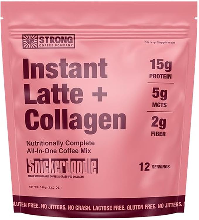 Strong Coffee Co. Instant Snickerdoodle Latte | Organic Coffee with 15g Collagen Protein | Lion’s Mane & L-Theanine | Nootropic Instant Coffee | 12 Servings