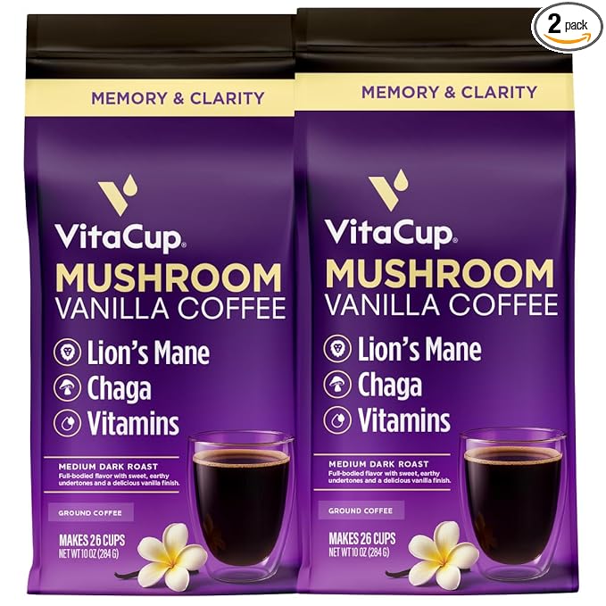 VitaCup Focus Mushroom Coffee Grounds, Vanilla Flavored Coffee with Lions Mane, Chaga, B Vitamins, D3, Boost Focus, Immunity, Memory & Clarity, Medium Dark Roast, 100% Arabica Specialty, 2 bags, 10 oz each
