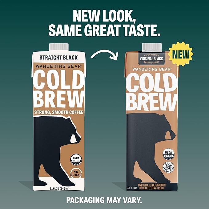 Wandering Bear Straight Black Organic Cold Brew Coffee - Extra Strong, Bold, Smooth, Unsweetened, Shelf-Stable, Ready to Drink, 100% Organic Iced Cold Brewed Coffee Drink - 32 fl oz, 3 pack