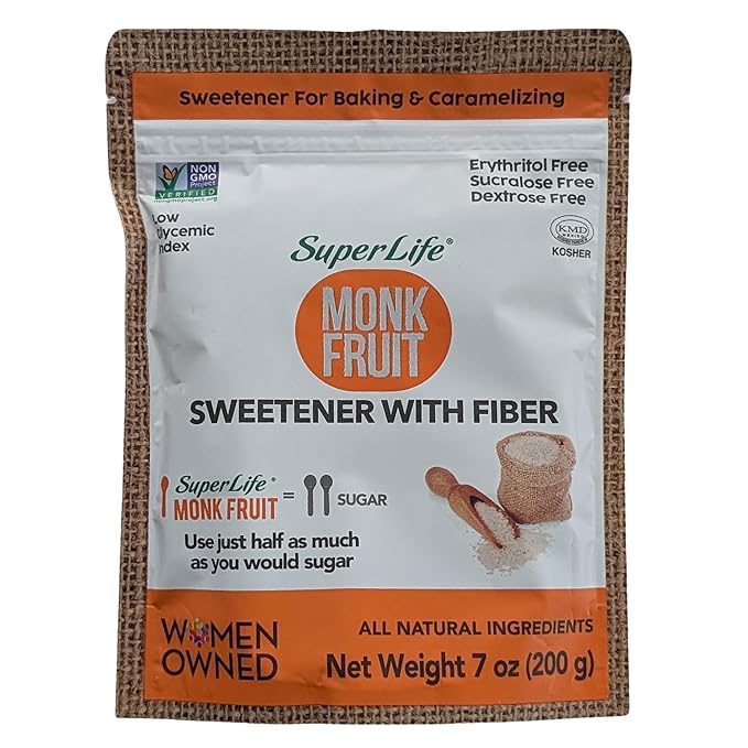 Super Life Monk Fruit Sweetener with Fiber – Low-Glycemic Index, Diabetic-Safe & Erythritol-Free Sugar Alternative for Baking, Beverages & Caramelizing | Non-GMO, Low-Calorie, Keto & Low GI Food – 7oz / 200g