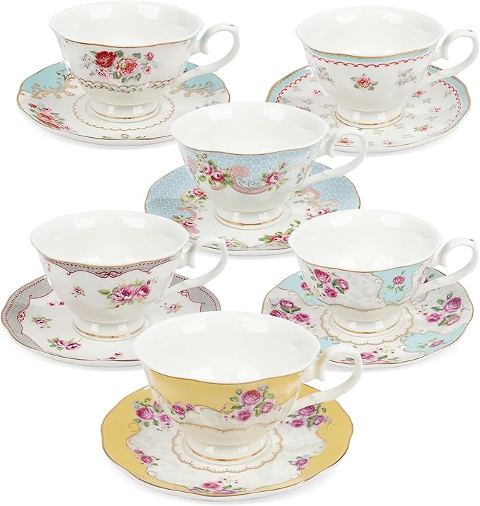 fanquare Colorful Floral Porcelain Coffee Cups with Saucers, British Tea Cups Set for 6, Classic Rose Tea Party Set for Women