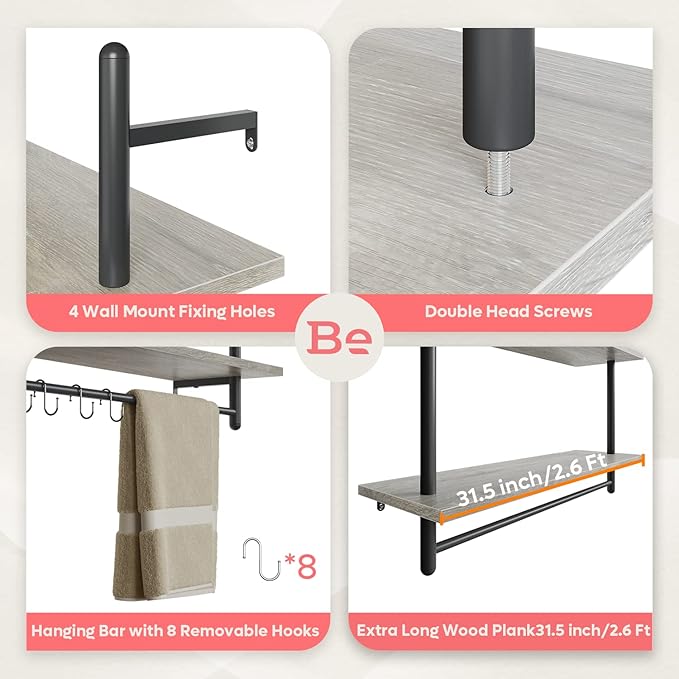 Bestier Pipe Shelf Industrial Floating Shelving 31" Kitchen Wall-Mounted Shelves with 8 Towel Bar Hooks Coffee Bar Shelf Wine Hanging Display Rack Bookshelf Living Room Decor Bathroom-Retro Grey