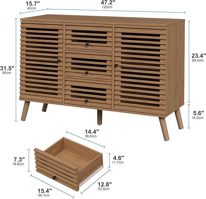 Buffet Cabinet with Slatted Doors, 47" W Sideboard Buffet with Drawers, Modern Mid Century Accent Storage Cabinet for Living Room, Entryway, Kitchen, Oak