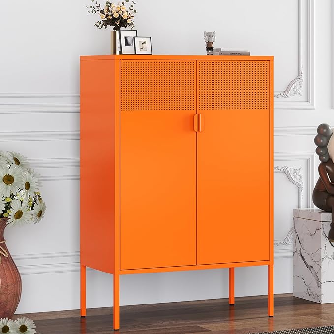 Orange Metal Storage Cabinet with 2 Doors - 47''H Locker Cabinet, 3 Tier Locker with Adjustable Shelves, Office Storage Locker for Office, Home, Living Room, Kitchen