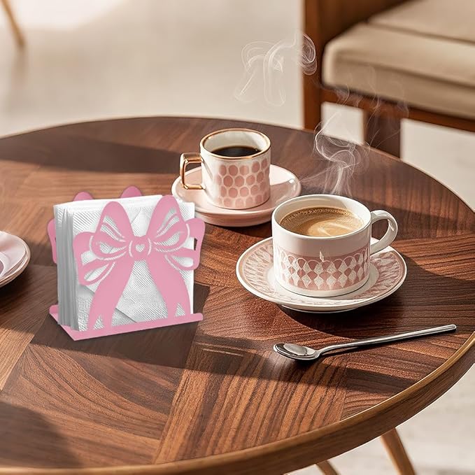 Pink Bow Decorative Metal Napkin Holder for Table, 5.9" x 5.3" x 1.9" Bow Standing Napkin Holder for Home Kitchen Restaurant Picnic Party Coffee Bar Dining Room