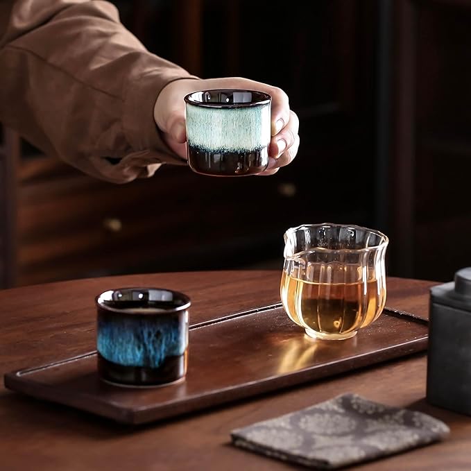 Japanese Tea Cups Set of 6 Ceramic Tea Cups, 2.5 Ounces Ceramic Cups, Matcha Cups(mixed exterior)