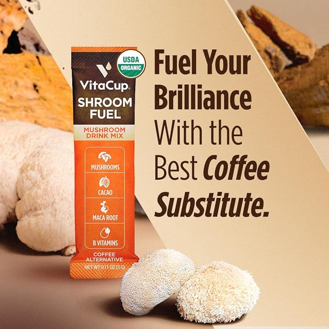VitaCup Shroom Fuel, Mushroom Based Instant Coffee Alternative Packets, Mushroom Coffee Substitute w/Cacao, Cinnamon, Chaga, Lions Mane, & Maca for Energy, Immune Support, & Focus, 72 ct