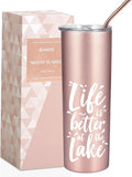Onebttl Lake House Gifts for Women, 20oz Stainless Steel Insulated Tumbler, Housewarming Gifts for Lake Lovers - Rose Gold, Life is Better at the Lake 01