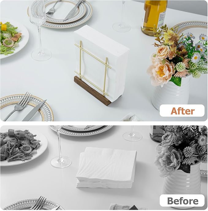MyGift Napkin Holders for Table & Kitchen, Brass-Tone Wire Metal Napkin Dispenser with Wood Base, Modern Farmhouse Tabletop Dining Decor for Home/Cafe/Restaurant