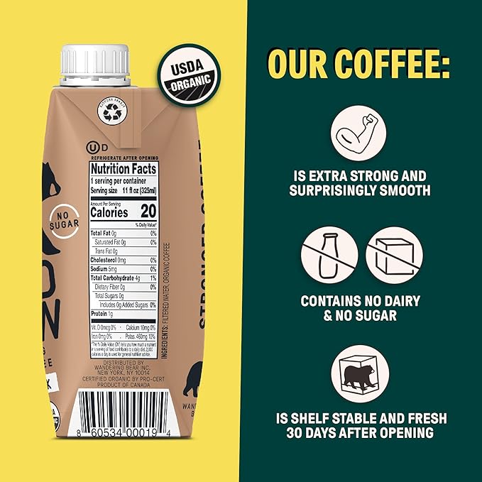 Wandering Bear Straight Black Organic Cold Brew Coffee On-the-Go - Extra Strong, Bold, Smooth, Unsweetened, Shelf-Stable, Ready to Drink, 100% Organic Iced Cold Brewed Coffee Drink -11 fl oz, 12 pack