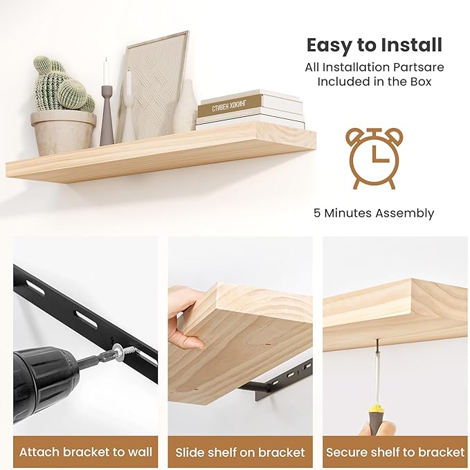 Fun Memories Wood Floating Shelves Set of 2, Rustic Pine Wood Floating Shelves for Wall Mounting, Wide Wall Shelf for Home Decor and Storage, 16" W x 7" D, Natural Unfinished, DIY Stain