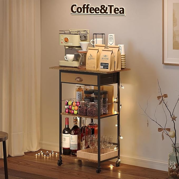3 Tier-Coffee Bar Stand Station Cart with Storage Drawer, Extended Worktop Coffee Table, Farmhouse Corner Bar Cabinet for Small Spaces, Barkers Rack Home Bar for Entryway, Living Room