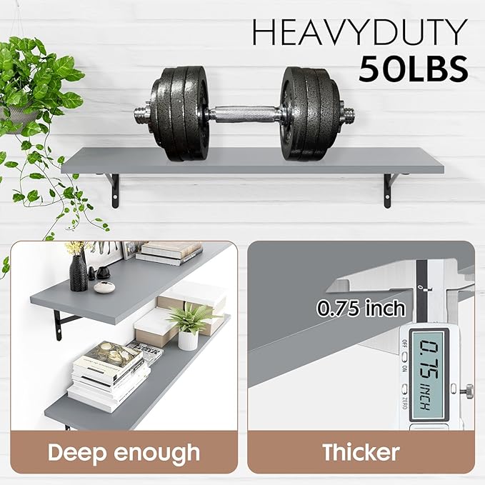 Kaboon 45 inch Long 10 inch Deep Floating Shelves for Wall Set of 2, Large Open Shelves Wall Mounted, Space Saving Home and Commercial Use, Gray
