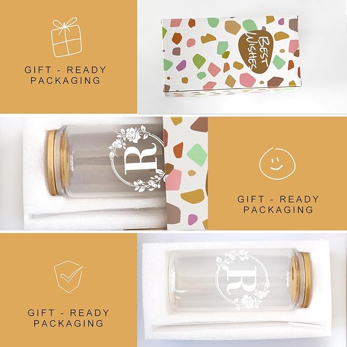 Birthday Gifts for Women, Monogrammed Initial Glass Cup Personalized Gifts for Women, 16oz Glass Cups with Lids and Straws, Iced Coffee Cup, Beer Can Shaped Glass - Gifts for Christmas, Birthday, R