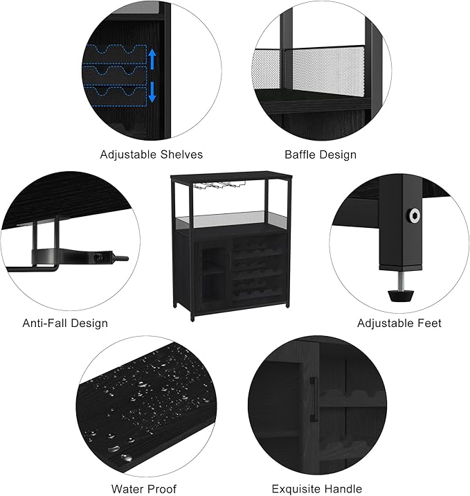 GarveeHome 3-Tier Wine Bar Cabinet with Detachable Wine Rack, Liquor Cabinet with Storage, Coffee Bar Cabinet with Glass Holder & Mesh Door, Sideboard Buffet Bar for Living Room, Dining Room, Black