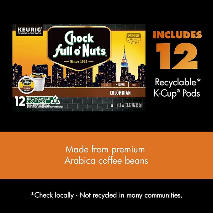 Chock Full o' Nuts Colombian Keurig K-Cup Pods for Keurig Brewers – Premium Arabica, Medium Roast – Single Serve – 1 Pack of 12 K-Cup Pods