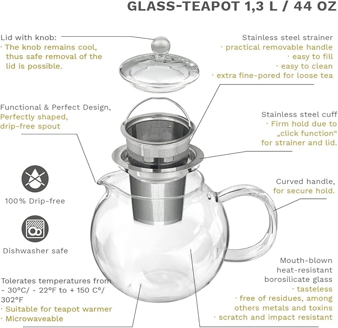 Creano Glass Teapot 44oz (1300ml) with removable stainless steel Tea Infuser - includes 2 Blooming Teas - Giftset - Tea Kettle and Tea Maker