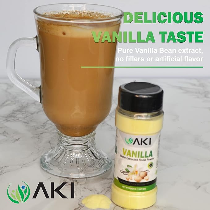 AKI Vanilla Water Extracted Powder From Authentic Beans for Flavoring, Cooking, Baking & Smoothies - Sugar Free & Alcohol Free - Added 2% Monk Fruit Sweetener - Non-GMO & Vegan (2.11oz/60g)