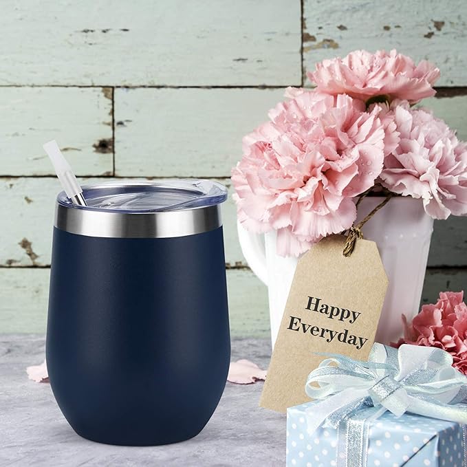 12 Pack Stainless Steel Wine Tumblers, 12Oz Double Wall Vacuum Insulated Wine Tumblers with Lids and Straws, Stainless Steel Stemless Wine Glasses for Coffee, Wine, Cocktails, Champaign, Navy Blue…