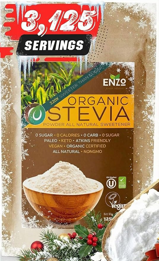 Enzo Organic Stevia Powder 125g (4.4oz / 3125-Servings) - Premium USDA Certified All Natural Alternative-Sweetener 320x Sugar Free Non-GMO 0 Calories Vegan No Aftertaste Kosher