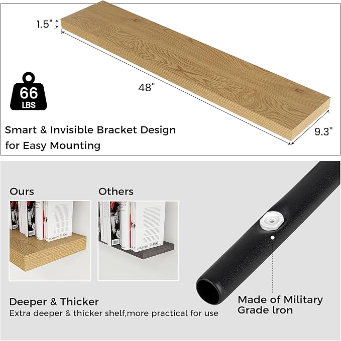 Floating Shelves for Wall, Engineered Wood Wall Shelves with Invisible Brackets for Living Room Bedroom Bathroom Office Kitchen Decor and Storage (Oak, 48" W x 9" D x 1.5" H) Set of 2