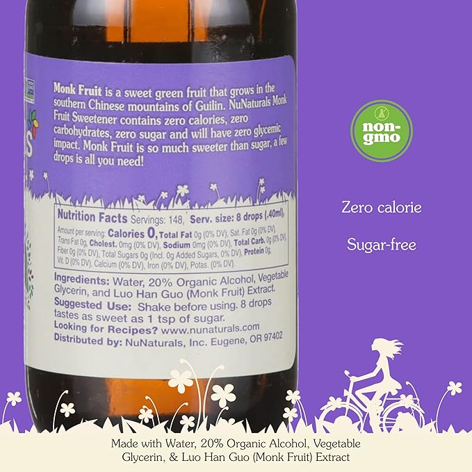 NuNaturals All-Natural Monk Fruit Liquid Plant-Based Sweetener, Zero-Calorie, Low Glycemic, 2 oz