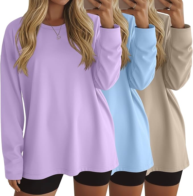 Ficerd 3 Pack Women's Oversized Long Sleeve Shirts Cotton Gym Round Neck Tops Loose Fit Casual Workout Baggy Fall Basic Tee