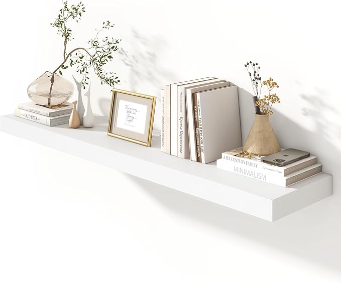 12 Inch Deep Floating Shelves | 55 Inch White Floating Shelves | 55" W x 12" D Rustic Wood Shelves for Wall | Deep White Shelves for Living Room Bathroom Laundry Room Kitchen