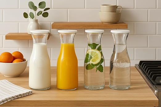 Gibson Home Windchill Set of 4 Large Glass Carafe with Lid, 1 Liter Clear Glass Pitcher, Beverage Serveware Carafe for Mimosa Bar Brunch Cold Water Juice Milk Iced Tea Lemonade - Dishwasher Safe