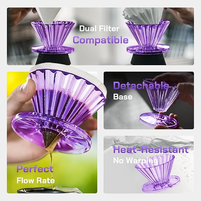 MAVO Pour Over Coffee Dripper, Detachable Hand Drip Brewer, Pour Over Coffee Maker, Compatible with V01 Paper Filters & Wave Filter 155, Purple