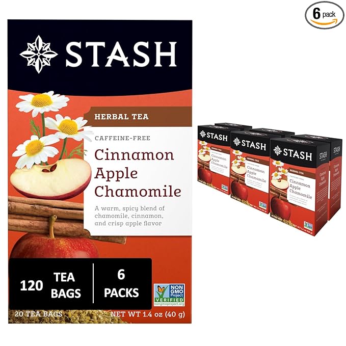 Stash Tea Cinnamon Apple Chamomile Herbal Tea - Naturally Caffeine Free, Non-GMO Project Verified Premium Tea with No Artificial Ingredients, 20 Count (Pack of 6) - 120 Bags Total