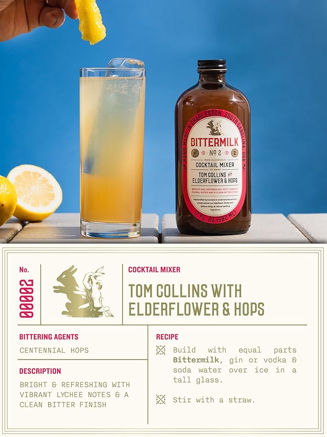 Bittermilk No.2 Tom Collins Mix with Elderflower & Hops, All Natural Handcrafted Non Alcoholoic Cocktail Mixer, Makes 17 Cocktails, 17oz