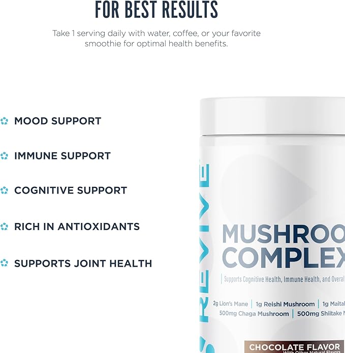 Revive MD Mushroom Powder, Chocolate - Mushroom Supplement Supports Focus, Cognitive, Immune & Brain Health with a Blend of Lion's Mane, Reishi, Chaga, Shiitake & Maitake - Gluten-Free (30 Servings)