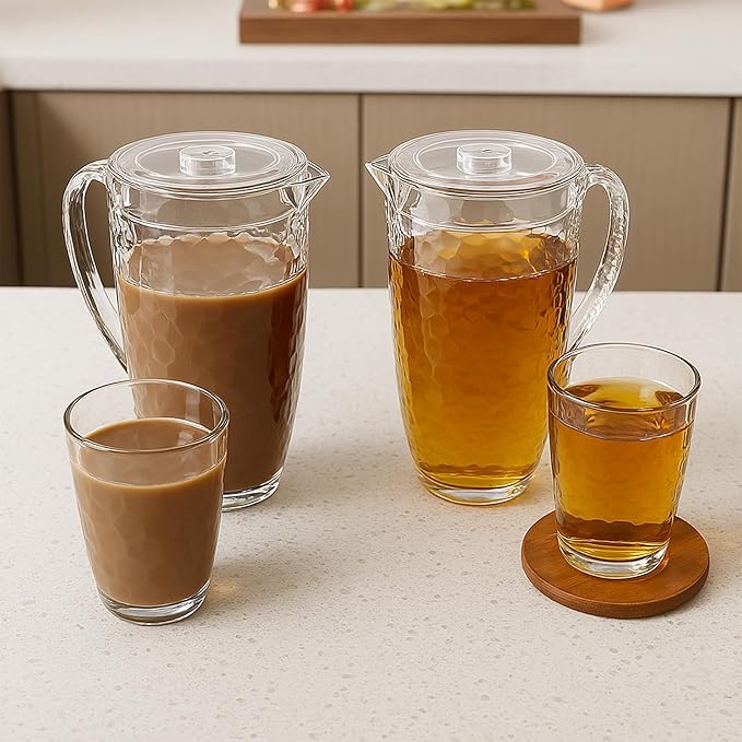 84 oz Crystal-Clear Pitcher with 4 Tumblers Set, BPA-Free Food-Grade Jug with 3-Position Lid & Spout – Large Beverage Pitcher for Party, Iced Tea, Lemonade, Sangria, Fridge-Clear