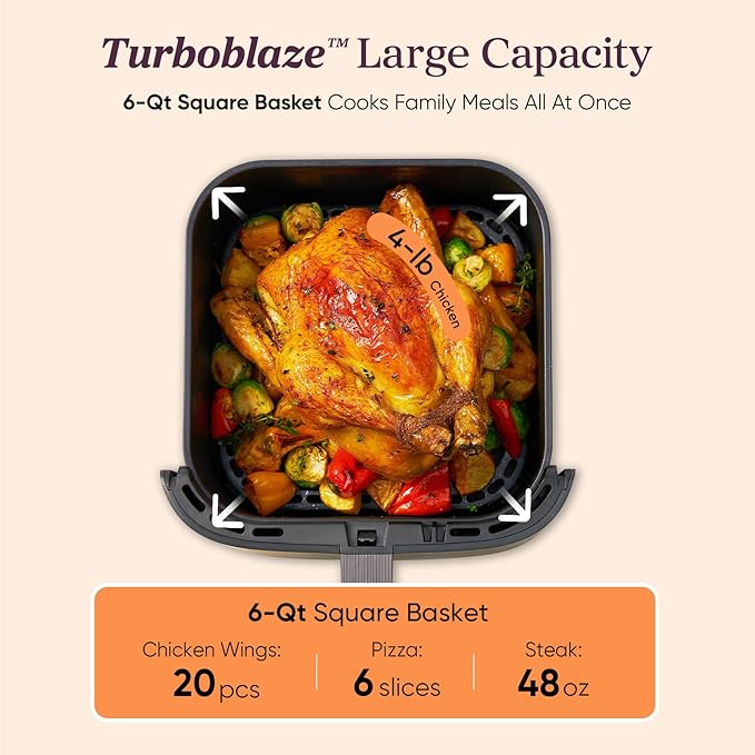 Cosori 9-in-1 TurboBlaze Air Fryer 6 Qt, Premium Ceramic Coating, 90°–450°F, Precise Heating for Even Results, Air Fry, Roast, Bake, Broil, Dry, Frozen, Proof, Reheat, Keep Warm, 120V, Dark Gray